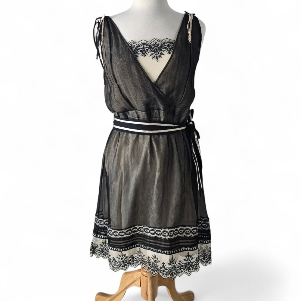 Anthropologie Yoana Baraschi Cream/Black Silk Tie Waist Mesh Lace Dress Size 8